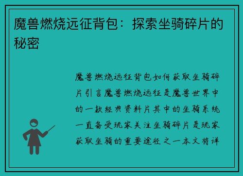 魔兽燃烧远征背包：探索坐骑碎片的秘密